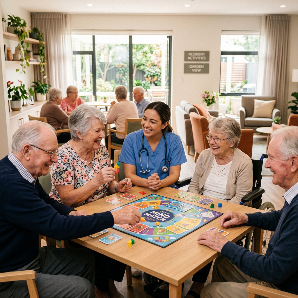 Seniors engaging in an interactive game with a healthcare worker in a bright, modern community room, soft natural lighting