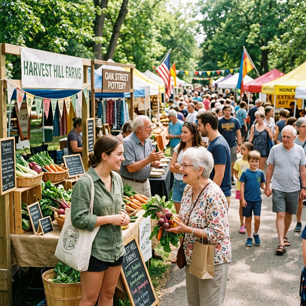 Intergenerational community fair with young adults and seniors interacting at local vendor booths, bright sunny day, lively atmosphere
