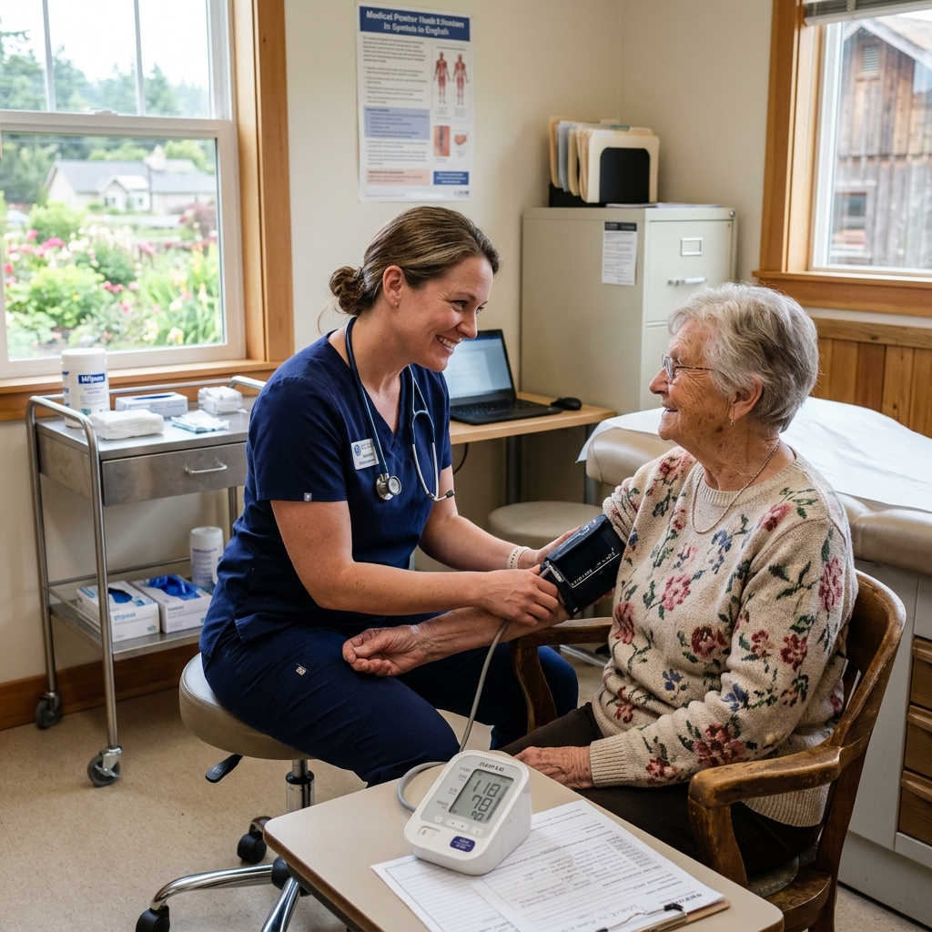 Healthcare professional conducting health screening for an elderly person in a rural clinic setting, compassionate expression, clean medical environment